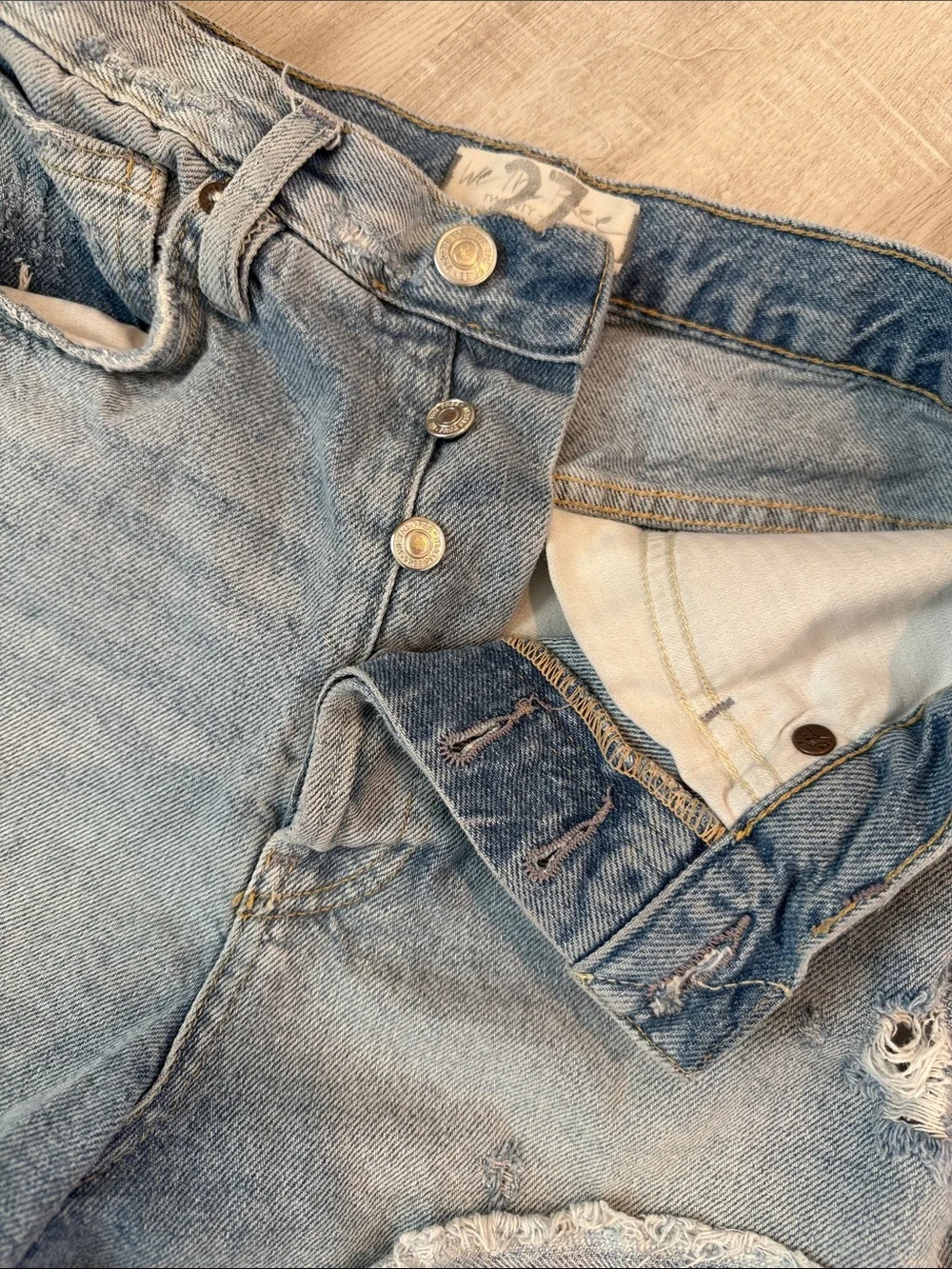 Free People, high rise, medium wash, distressed denim shorts, 27/4